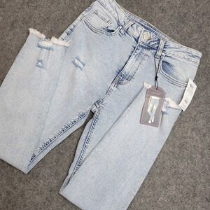 No Boundaries Jeans Womens 5 Blue Denim Distressed Mom Slim Fit Skinny Raw Hems